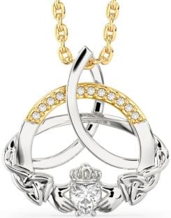 Diamond White Yellow Gold Claddagh Celtic Trinity Knot Necklace