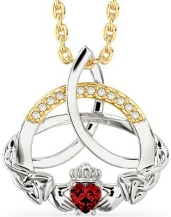 Diamond Garnet White Yellow Gold Claddagh Celtic Trinity Knot Necklace