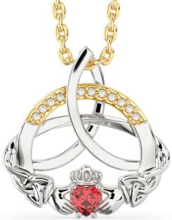 Diamond Ruby White Yellow Gold Claddagh Celtic Trinity Knot Necklace