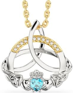 Diamond Topaz White Yellow Gold Claddagh Celtic Trinity Knot Necklace