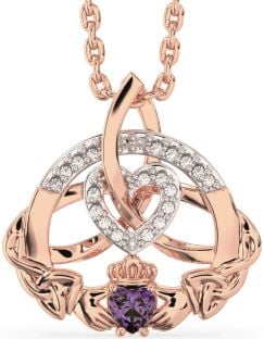 Diamond Alexandrite Rose Gold Silver Claddagh Celtic Trinity Knot Heart Necklace