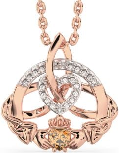 Diamond Citrine Rose Gold Silver Claddagh Celtic Trinity Knot Heart Necklace