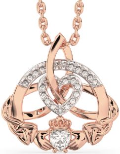 Diamond Rose Gold Silver Claddagh Celtic Trinity Knot Heart Necklace