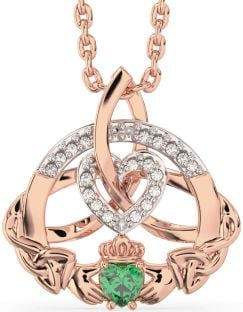 Diamond Emerald Rose Gold Silver Claddagh Celtic Trinity Knot Heart Necklace