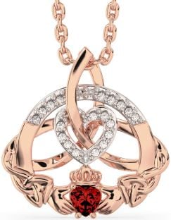 Diamond Garnet Rose Gold Silver Claddagh Celtic Trinity Knot Heart Necklace