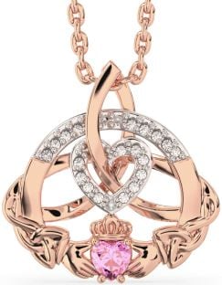 Diamond Pink Tourmaline Rose Gold Silver Claddagh Celtic Trinity Knot Heart Necklace