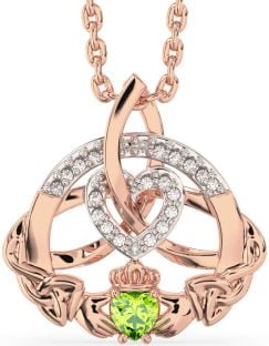 Diamond Peridot Rose Gold Silver Claddagh Celtic Trinity Knot Heart Necklace