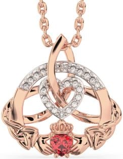 Diamond Ruby Rose Gold Silver Claddagh Celtic Trinity Knot Heart Necklace