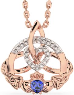 Diamond Sapphire Rose Gold Silver Claddagh Celtic Trinity Knot Heart Necklace