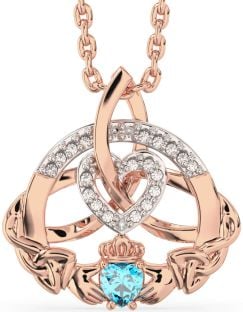 Diamond Topaz Rose Gold Silver Claddagh Celtic Trinity Knot Heart Necklace