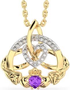 Diamond Amethyst Gold Silver Claddagh Celtic Trinity Knot Heart Necklace