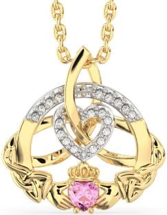 Diamond Pink Tourmaline Gold Silver Claddagh Celtic Trinity Knot Heart Necklace