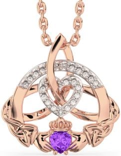 Diamond Amethyst Rose Gold Claddagh Celtic Trinity Knot Heart Necklace