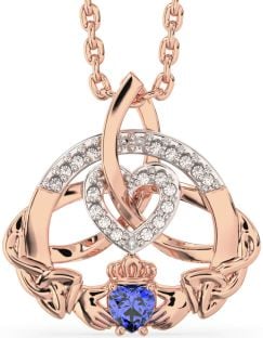 Diamond Sapphire Rose Gold Claddagh Celtic Trinity Knot Heart Necklace