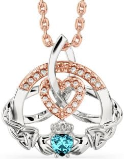 Diamond Aquamarine White Rose Gold Claddagh Celtic Trinity Knot Heart Necklace