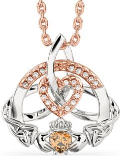 Diamond Citrine White Rose Gold Claddagh Celtic Trinity Knot Heart Necklace