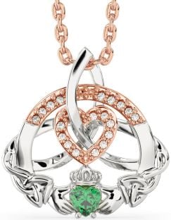 Diamond Emerald White Rose Gold Claddagh Celtic Trinity Knot Heart Necklace