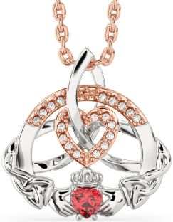 Diamond Ruby White Rose Gold Claddagh Celtic Trinity Knot Heart Necklace