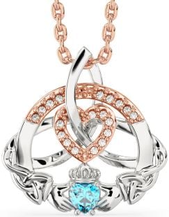 Diamond Topaz White Rose Gold Claddagh Celtic Trinity Knot Heart Necklace