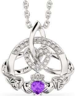 Diamond Amethyst Silver Claddagh Celtic Trinity Knot Heart Necklace