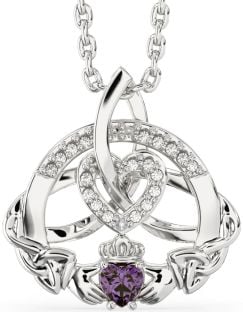 Diamond Alexandrite Silver Claddagh Celtic Trinity Knot Heart Necklace