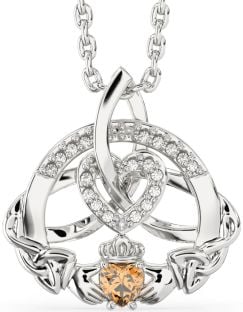 Diamond Citrine Silver Claddagh Celtic Trinity Knot Heart Necklace