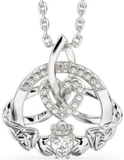 Diamond Silver Claddagh Celtic Trinity Knot Heart Necklace