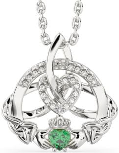 Diamond Emerald Silver Claddagh Celtic Trinity Knot Heart Necklace