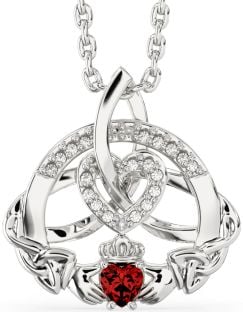 Diamond Garnet Silver Claddagh Celtic Trinity Knot Heart Necklace