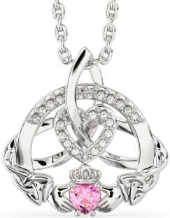 Diamond Pink Tourmaline Silver Claddagh Celtic Trinity Knot Heart Necklace