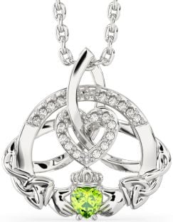 Diamond Peridot Silver Claddagh Celtic Trinity Knot Heart Necklace