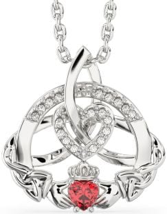 Diamond Ruby Silver Claddagh Celtic Trinity Knot Heart Necklace