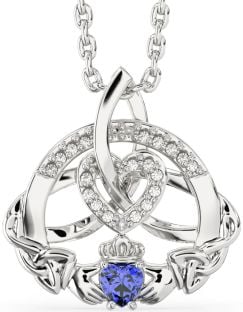 Diamond Sapphire Silver Claddagh Celtic Trinity Knot Heart Necklace