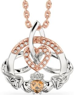 Diamond Citrine Rose Gold Silver Claddagh Celtic Trinity Knot Heart Necklace