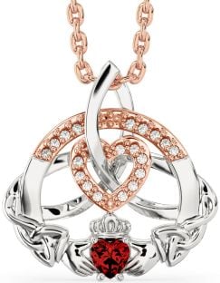 Diamond Garnet Rose Gold Silver Claddagh Celtic Trinity Knot Heart Necklace