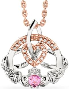 Diamond Pink Tourmaline Rose Gold Silver Claddagh Celtic Trinity Knot Heart Necklace