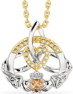 Diamond Citrine Gold Silver Claddagh Celtic Trinity Knot Heart Necklace