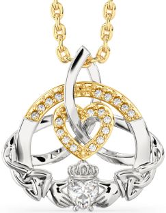 Diamond Gold Silver Claddagh Celtic Trinity Knot Heart Necklace