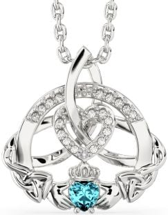 Diamond Aquamarine White Gold Claddagh Celtic Trinity Knot Heart Necklace