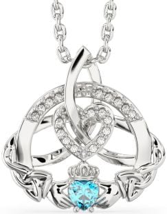 Diamond Topaz White Gold Claddagh Celtic Trinity Knot Heart Necklace