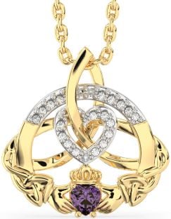 Diamond Alexandrite Gold Claddagh Celtic Trinity Knot Heart Necklace