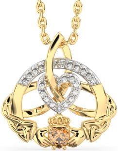 Diamond Citrine Gold Claddagh Celtic Trinity Knot Heart Necklace