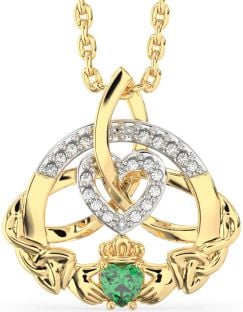 Diamond Emerald Gold Claddagh Celtic Trinity Knot Heart Necklace