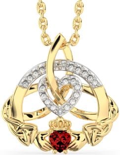 Diamond Garnet Gold Claddagh Celtic Trinity Knot Heart Necklace