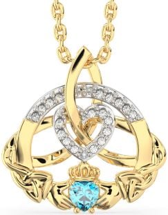 Diamond Topaz Gold Claddagh Celtic Trinity Knot Heart Necklace