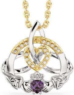 Diamond Alexandrite White Yellow Gold Claddagh Celtic Trinity Knot Heart Necklace