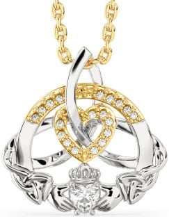 Diamond White Yellow Gold Claddagh Celtic Trinity Knot Heart Necklace