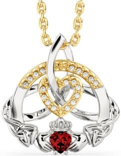 Diamond Garnet White Yellow Gold Claddagh Celtic Trinity Knot Heart Necklace