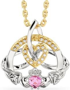 Diamond Pink Tourmaline White Yellow Gold Claddagh Celtic Trinity Knot Heart Necklace