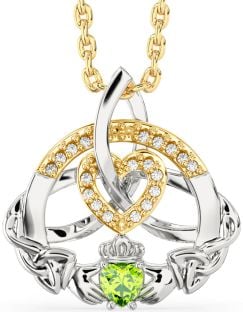 Diamond Peridot White Yellow Gold Claddagh Celtic Trinity Knot Heart Necklace